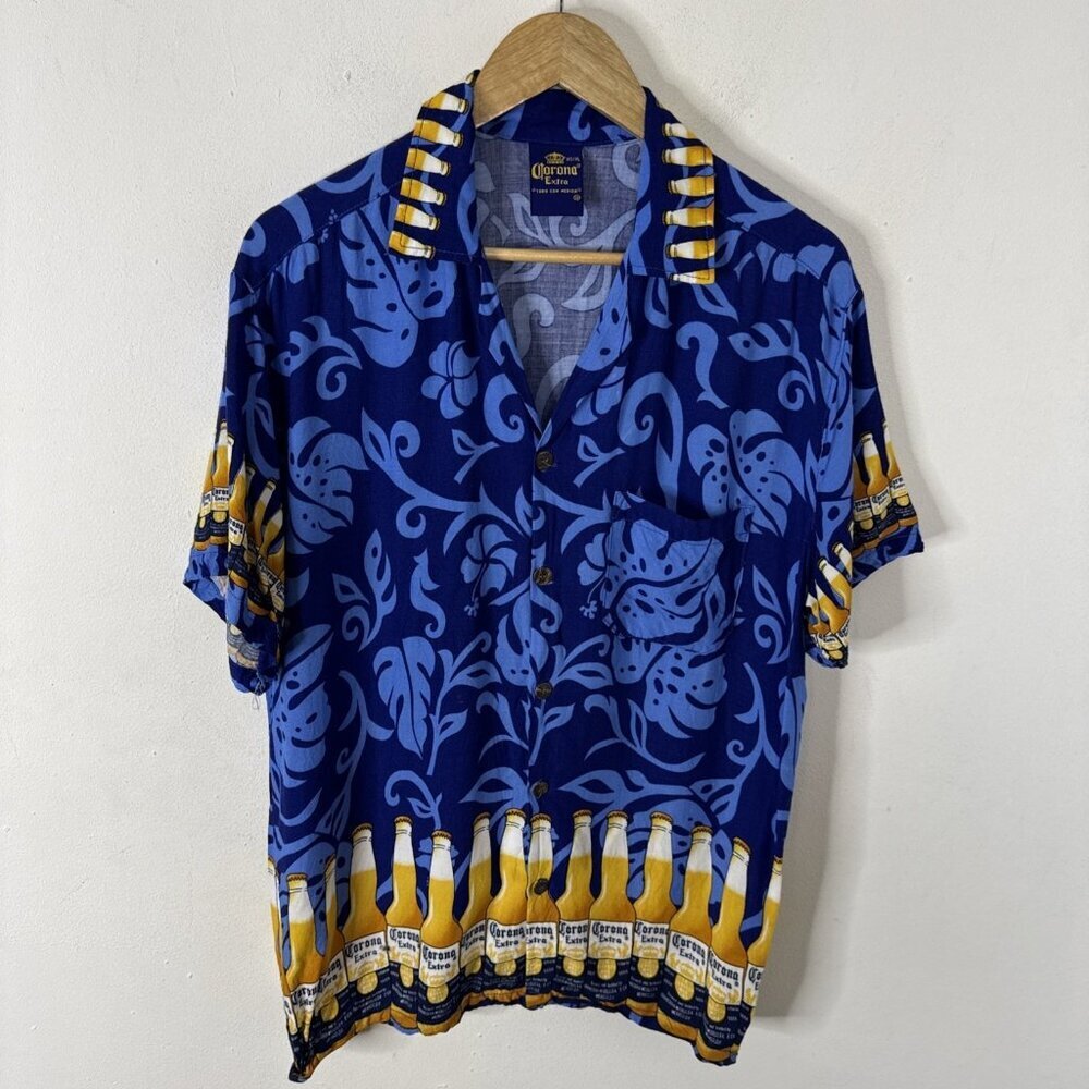 Corona Beer‎ Cabana Hawaiian Shirt Men Size Medium Blue Floral Beer Button Rayon